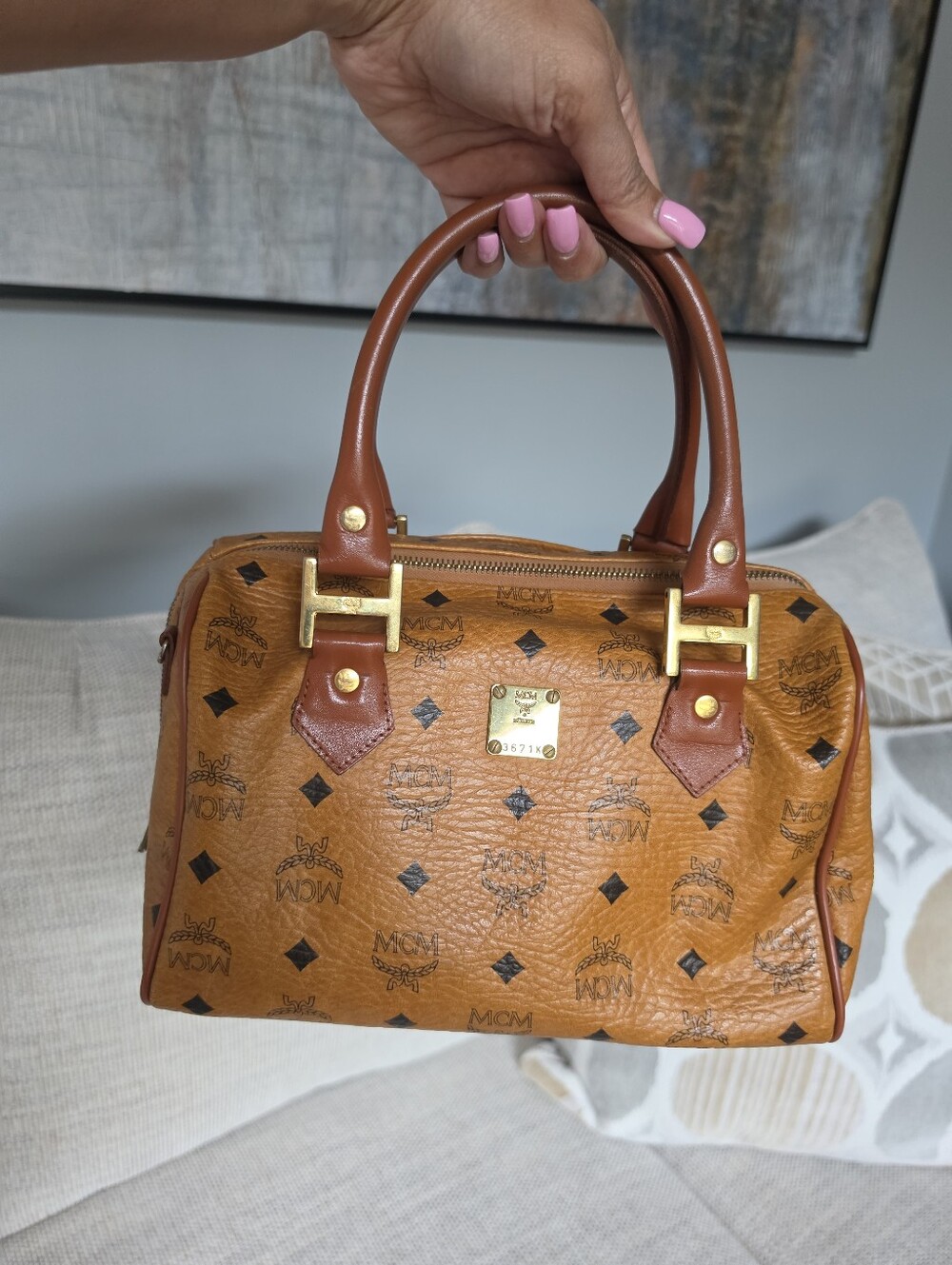 MCM Visetos Cognac Monogram Boston Bag - Picture 8 of 13